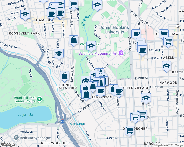 map of restaurants, bars, coffee shops, grocery stores, and more near 308 West 31st Street in Baltimore