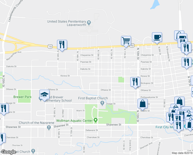 map of restaurants, bars, coffee shops, grocery stores, and more near 713 North 13th Street in Leavenworth