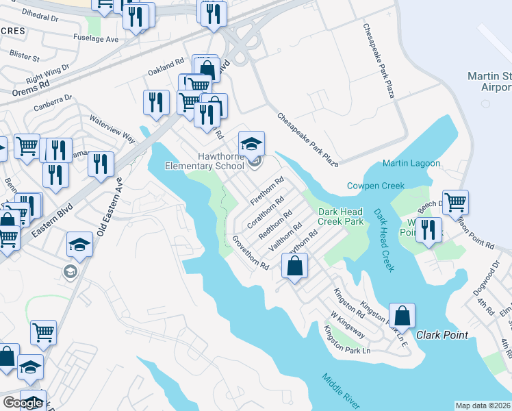 map of restaurants, bars, coffee shops, grocery stores, and more near 2162 Firethorn Road in Middle River