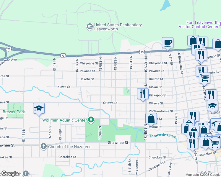 map of restaurants, bars, coffee shops, grocery stores, and more near 1207 Kiowa Street in Leavenworth