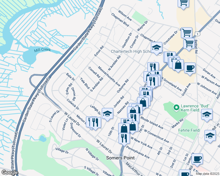 map of restaurants, bars, coffee shops, grocery stores, and more near 14 Princeton Road in Somers Point