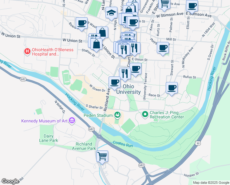 map of restaurants, bars, coffee shops, grocery stores, and more near 53 Richland Avenue in Athens