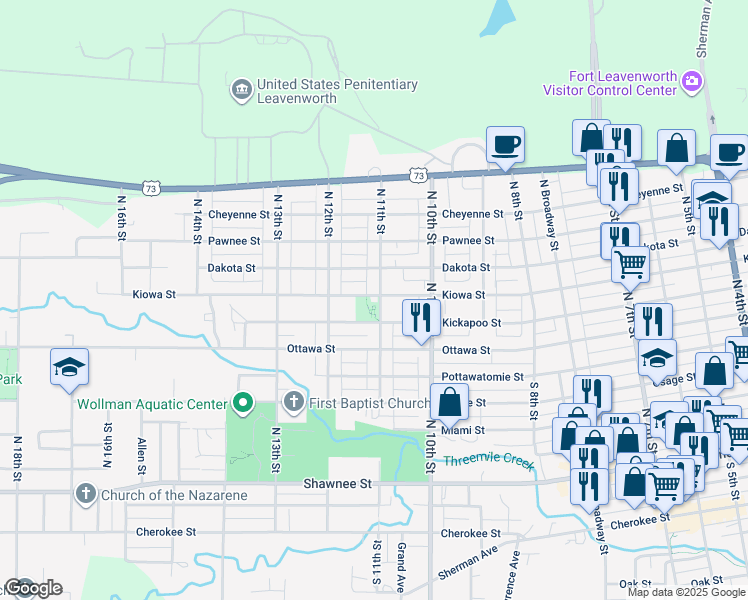 map of restaurants, bars, coffee shops, grocery stores, and more near 717 North 11th Street in Leavenworth