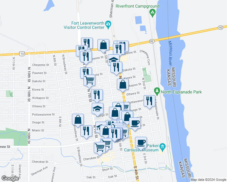 map of restaurants, bars, coffee shops, grocery stores, and more near 501 Kickapoo Street in Leavenworth