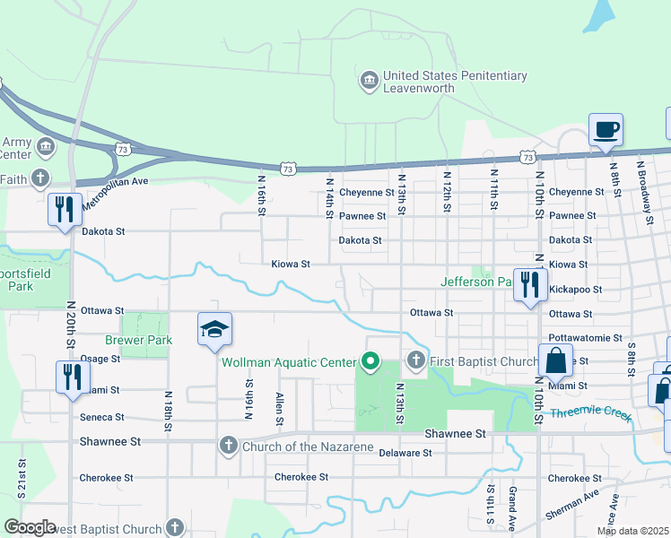map of restaurants, bars, coffee shops, grocery stores, and more near 709 North 13th Terrace in Leavenworth