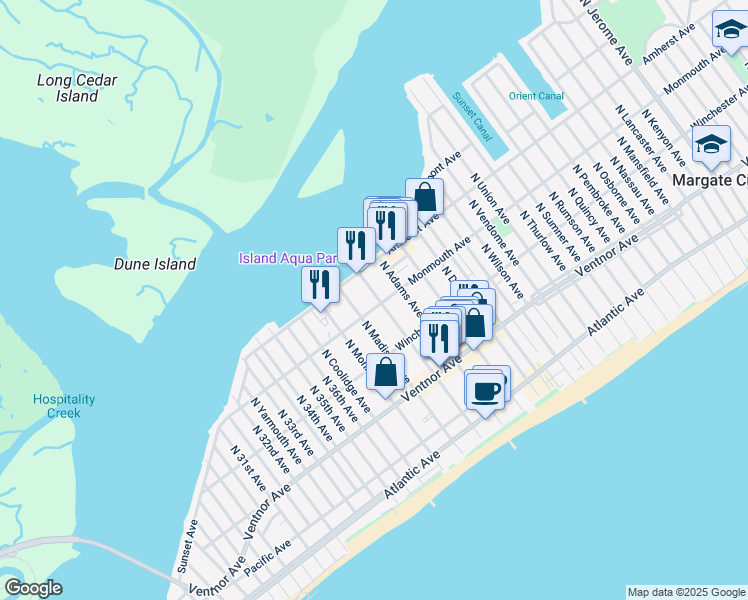 map of restaurants, bars, coffee shops, grocery stores, and more near 9503 Monmouth Avenue in Margate City