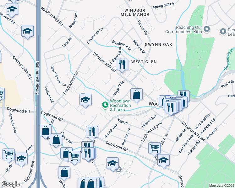 map of restaurants, bars, coffee shops, grocery stores, and more near 2007 Royal Court Drive in Baltimore