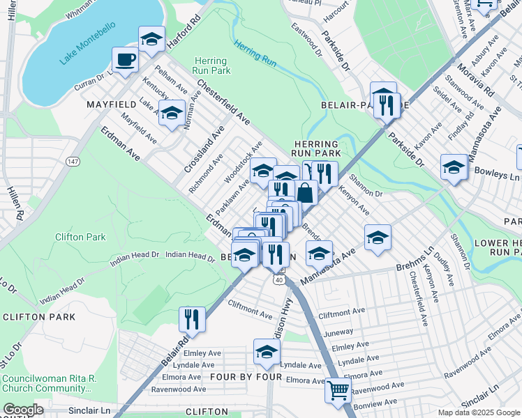 map of restaurants, bars, coffee shops, grocery stores, and more near 2814 Lake Avenue in Baltimore