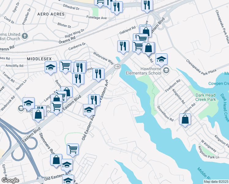 map of restaurants, bars, coffee shops, grocery stores, and more near 1909 River Vista Drive in Baltimore