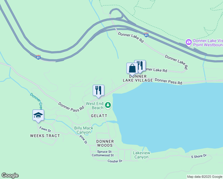 map of restaurants, bars, coffee shops, grocery stores, and more near 15900 Donner Pass Road in Truckee
