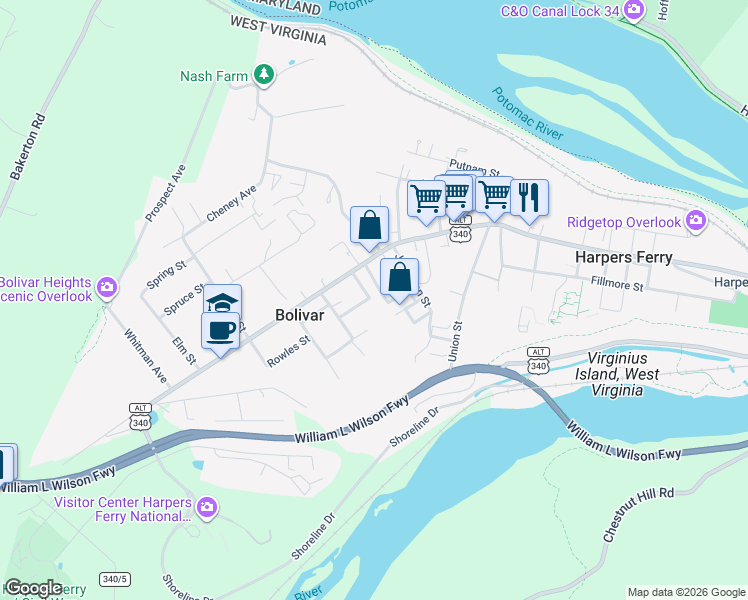 map of restaurants, bars, coffee shops, grocery stores, and more near 71 Panama Street in Bolivar
