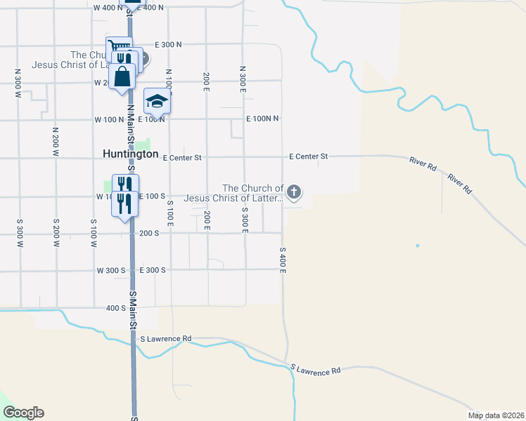 map of restaurants, bars, coffee shops, grocery stores, and more near 135 South 350 East in Huntington