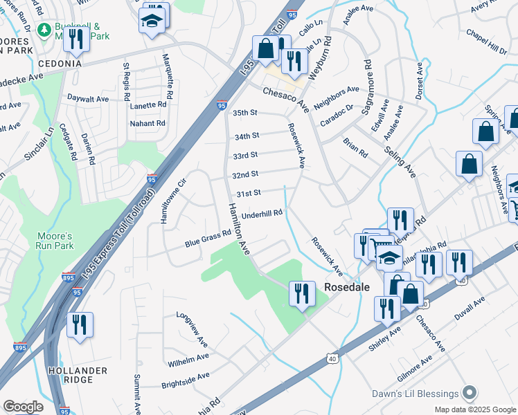 map of restaurants, bars, coffee shops, grocery stores, and more near 7910 Underhill Road in Rosedale