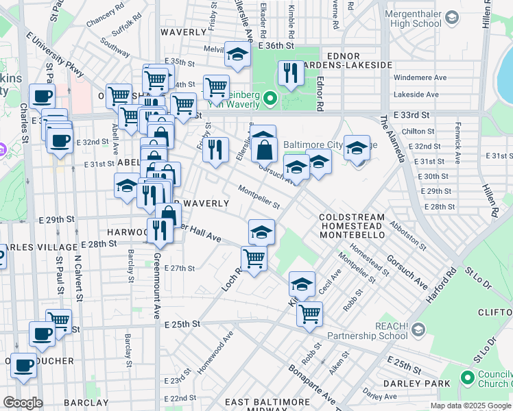 map of restaurants, bars, coffee shops, grocery stores, and more near 3009 Independence Street in Baltimore