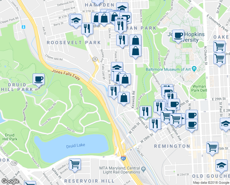 map of restaurants, bars, coffee shops, grocery stores, and more near 802 South Darby Street in Baltimore