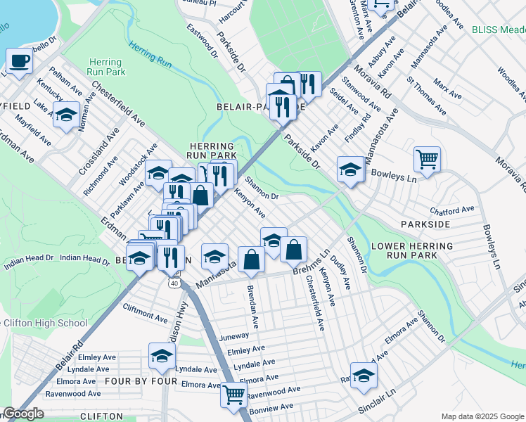 map of restaurants, bars, coffee shops, grocery stores, and more near 3126 Kenyon Avenue in Baltimore