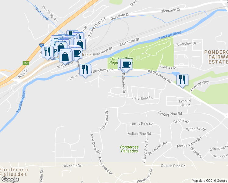 map of restaurants, bars, coffee shops, grocery stores, and more near 10268 Pine Cone Road in Truckee