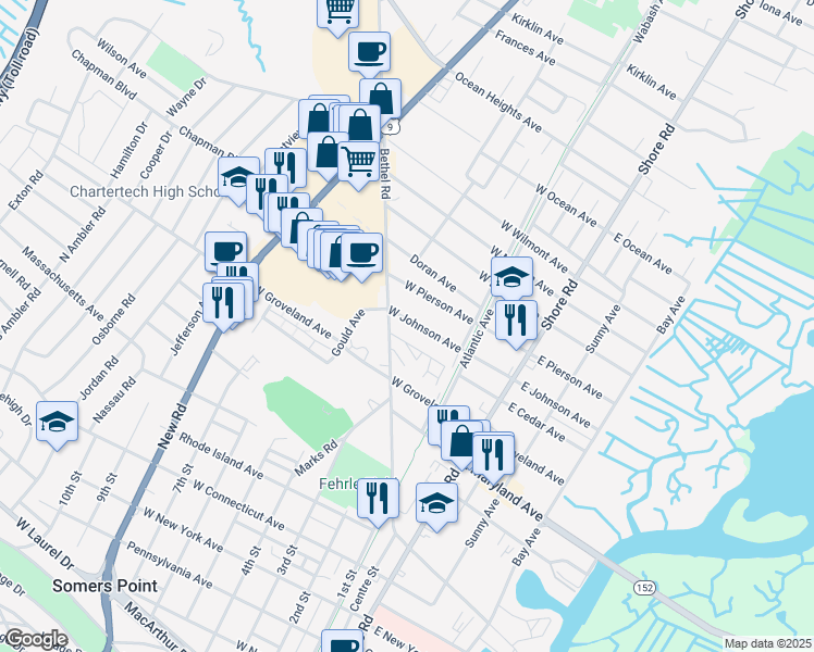 map of restaurants, bars, coffee shops, grocery stores, and more near 162 West Johnson Avenue in Somers Point