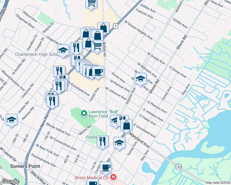 map of restaurants, bars, coffee shops, grocery stores, and more near 162 West Johnson Avenue in Somers Point