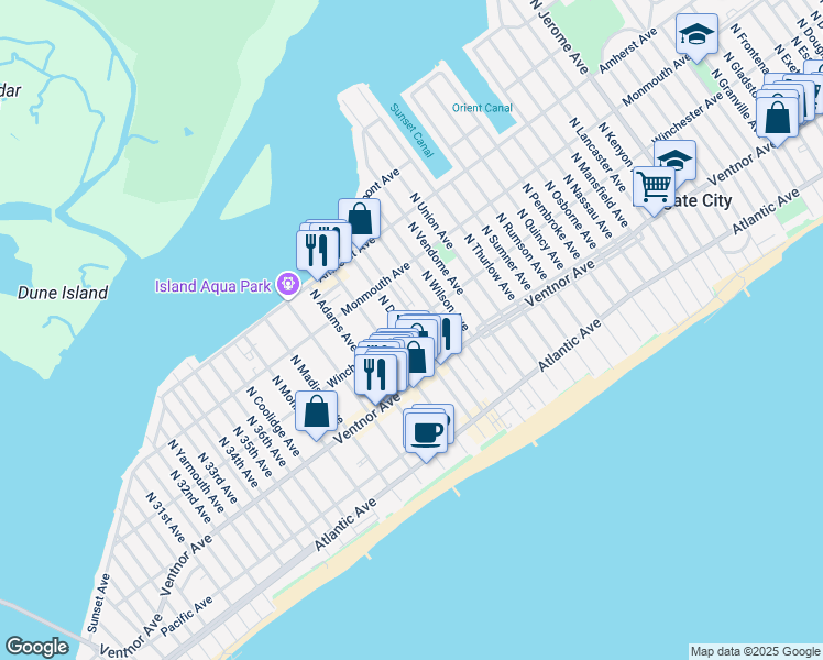 map of restaurants, bars, coffee shops, grocery stores, and more near 29 North Decatur Avenue in Margate City