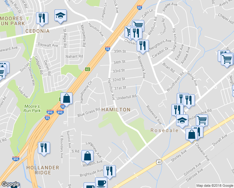 map of restaurants, bars, coffee shops, grocery stores, and more near 6108 Hamilton Avenue in Rosedale