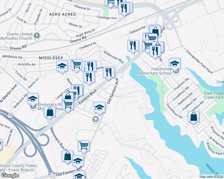 map of restaurants, bars, coffee shops, grocery stores, and more near 1906 Old Eastern Avenue in Essex