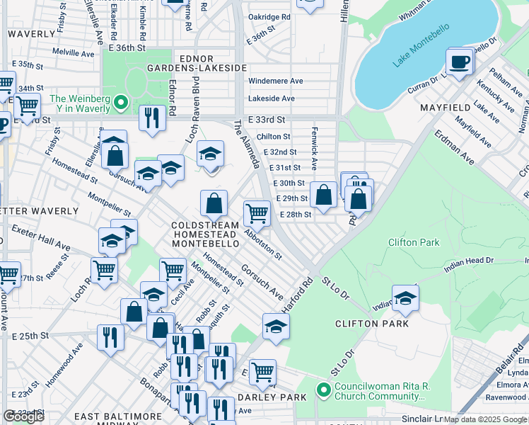 map of restaurants, bars, coffee shops, grocery stores, and more near 2826 The Alameda in Baltimore