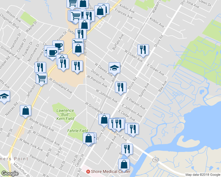 map of restaurants, bars, coffee shops, grocery stores, and more near West Pierson Avenue & Somers Point Bike Path in Somers Point