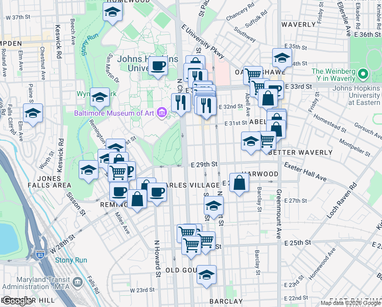 map of restaurants, bars, coffee shops, grocery stores, and more near 2927 N Charles St in Baltimore