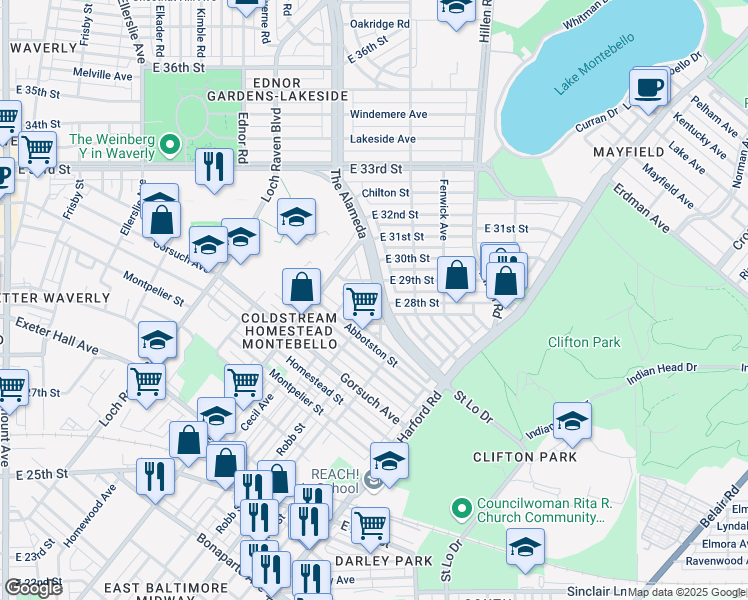 map of restaurants, bars, coffee shops, grocery stores, and more near 2826 The Alameda in Baltimore