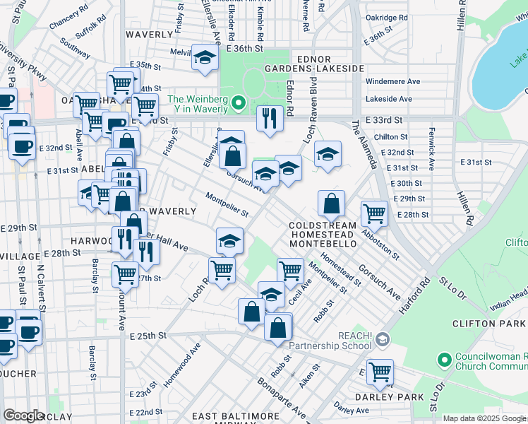 map of restaurants, bars, coffee shops, grocery stores, and more near 3117 Loch Raven Road in Baltimore