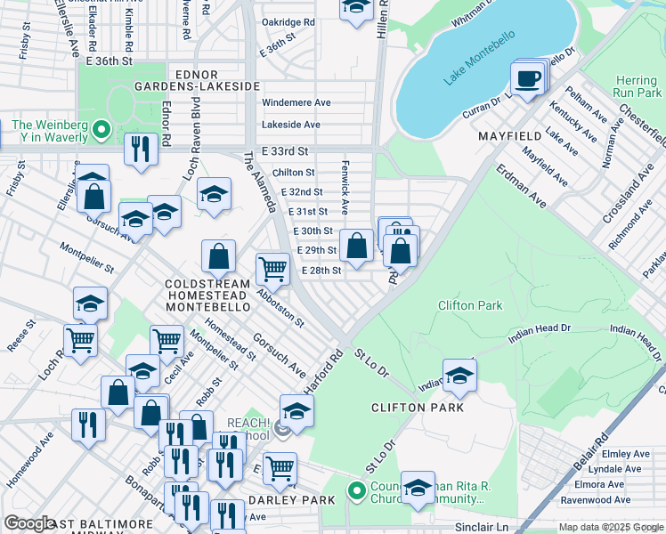 map of restaurants, bars, coffee shops, grocery stores, and more near 1720 East 28th Street in Baltimore