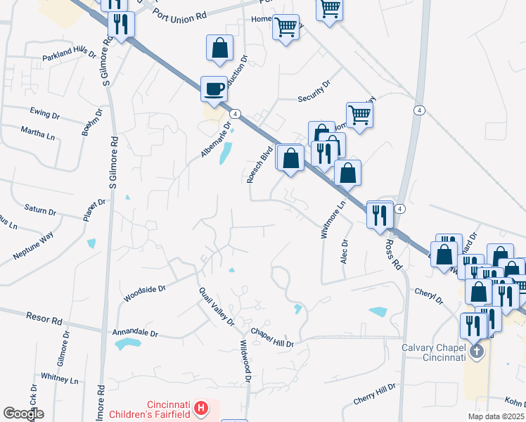 map of restaurants, bars, coffee shops, grocery stores, and more near 3213 Roesch Boulevard in Fairfield