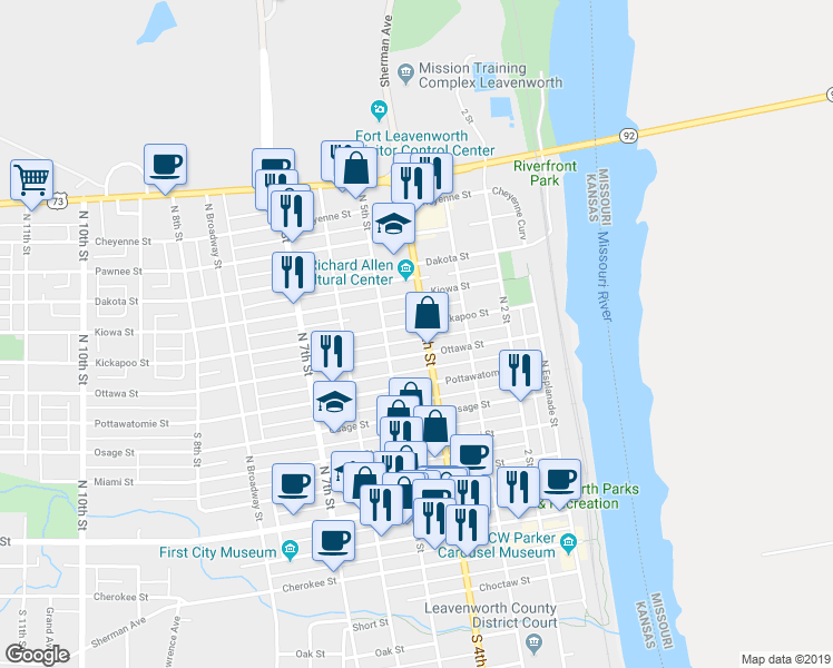 map of restaurants, bars, coffee shops, grocery stores, and more near 409 Kickapoo Street in Leavenworth