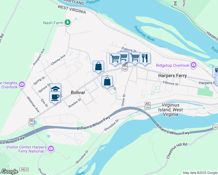 map of restaurants, bars, coffee shops, grocery stores, and more near 35 Park Avenue in Harpers Ferry