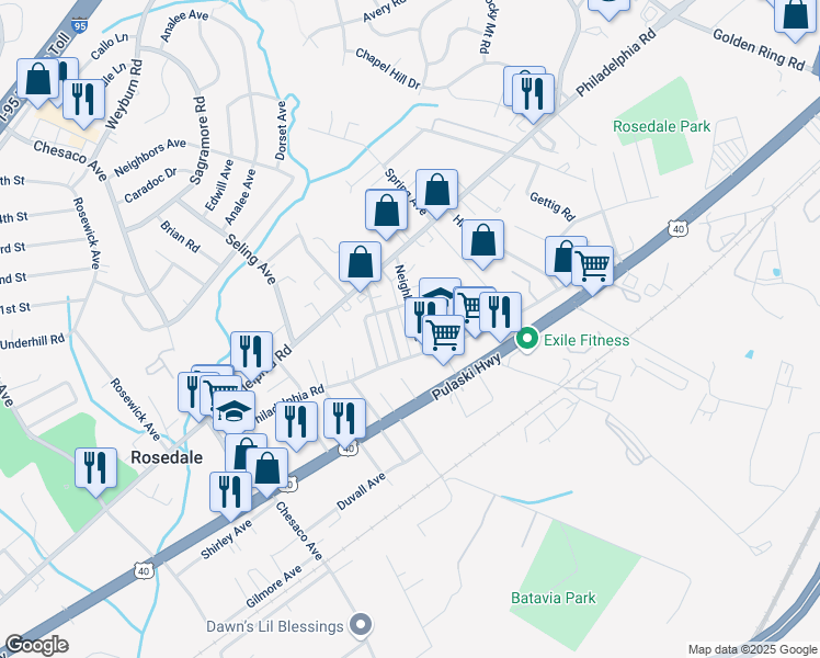 map of restaurants, bars, coffee shops, grocery stores, and more near 1227 Neighbors Avenue in Rosedale