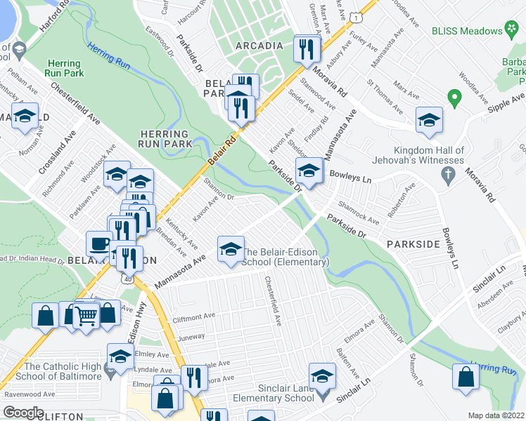 map of restaurants, bars, coffee shops, grocery stores, and more near 3216 Ramona Avenue in Baltimore