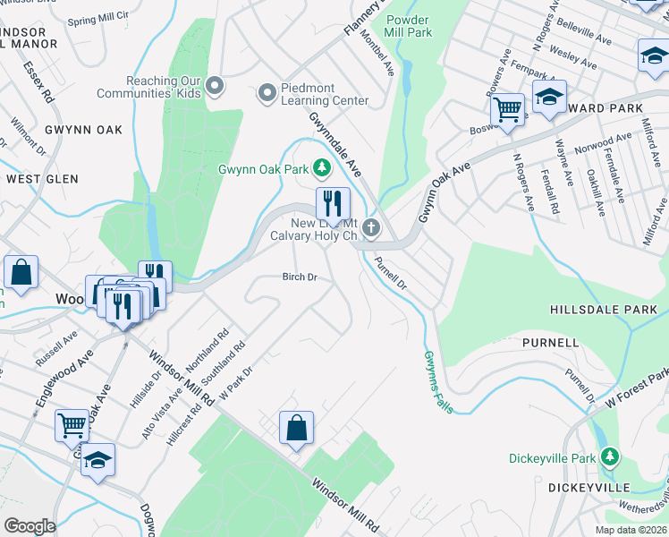 map of restaurants, bars, coffee shops, grocery stores, and more near 2508 Poplar Drive in Woodlawn