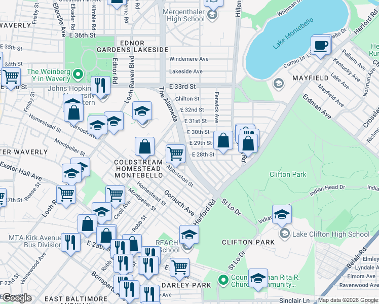 map of restaurants, bars, coffee shops, grocery stores, and more near 2817 The Alameda in Baltimore