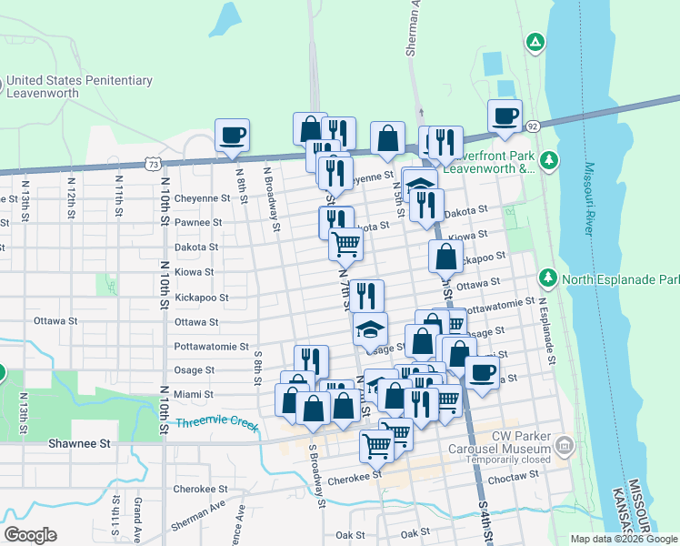 map of restaurants, bars, coffee shops, grocery stores, and more near 705 North 7th Street in Leavenworth