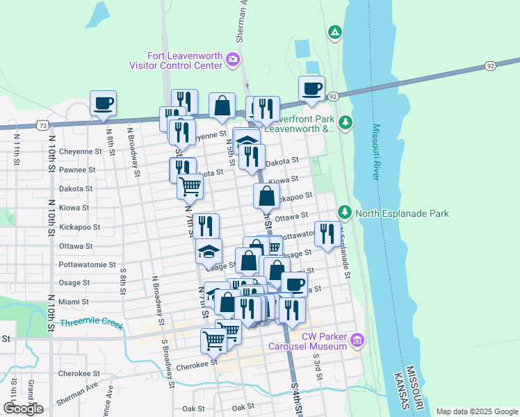 map of restaurants, bars, coffee shops, grocery stores, and more near 409 Kickapoo Street in Leavenworth