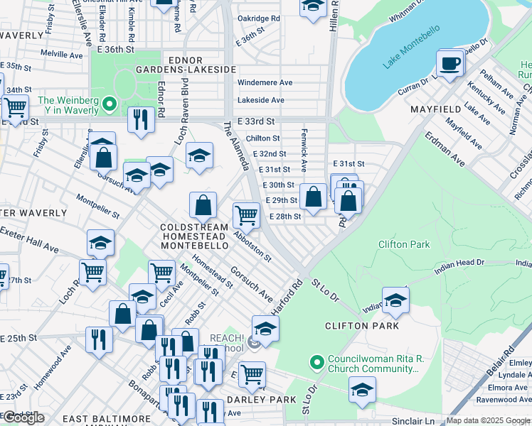map of restaurants, bars, coffee shops, grocery stores, and more near 2817 The Alameda in Baltimore