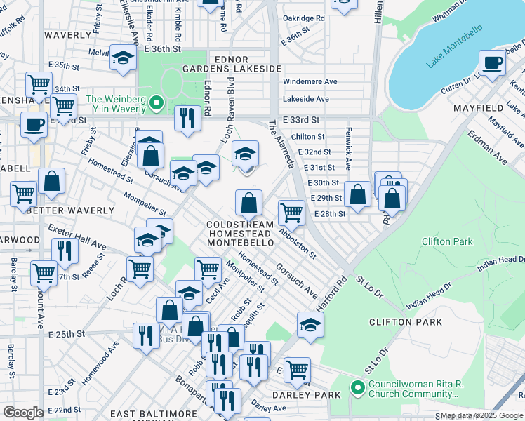 map of restaurants, bars, coffee shops, grocery stores, and more near 1500 Abbotston Street in Baltimore