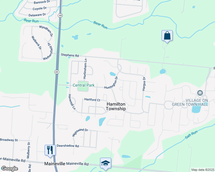 map of restaurants, bars, coffee shops, grocery stores, and more near 270 Huntington Drive in Maineville