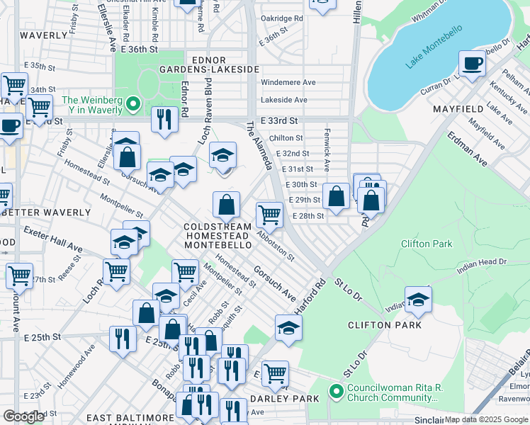 map of restaurants, bars, coffee shops, grocery stores, and more near 1516 East 28th Street in Baltimore
