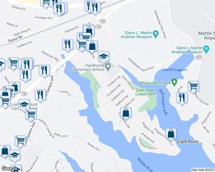 map of restaurants, bars, coffee shops, grocery stores, and more near 2157 Firethorn Road in Middle River