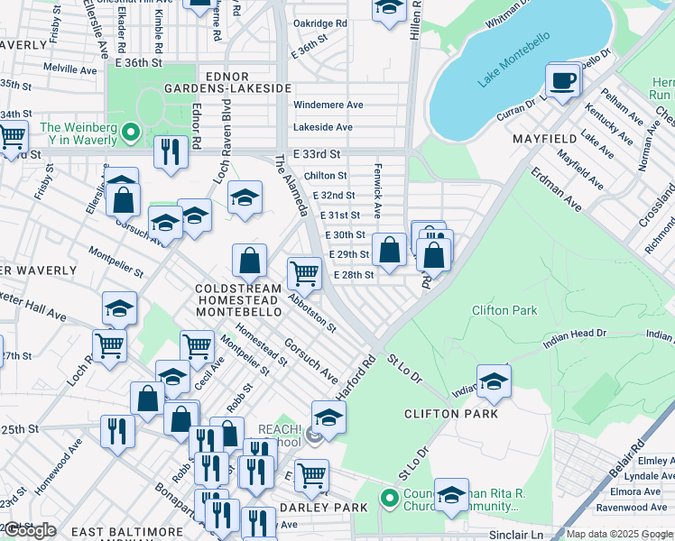 map of restaurants, bars, coffee shops, grocery stores, and more near 1608 East 28th Street in Baltimore