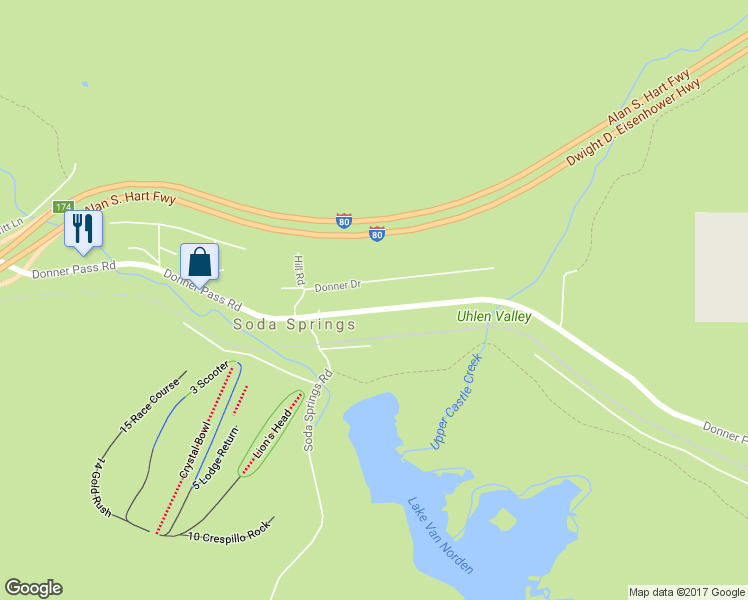 map of restaurants, bars, coffee shops, grocery stores, and more near 21312 Donner Pass Road in Soda Springs