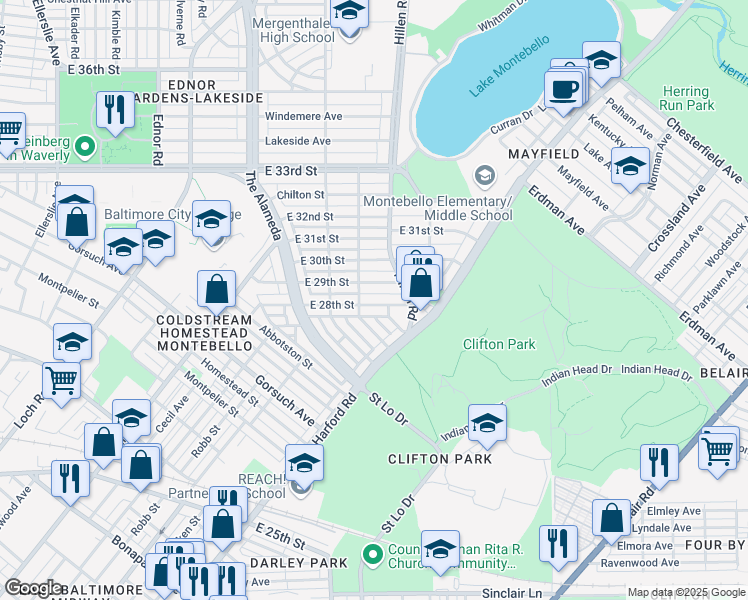 map of restaurants, bars, coffee shops, grocery stores, and more near 1822 East 28th Street in Baltimore