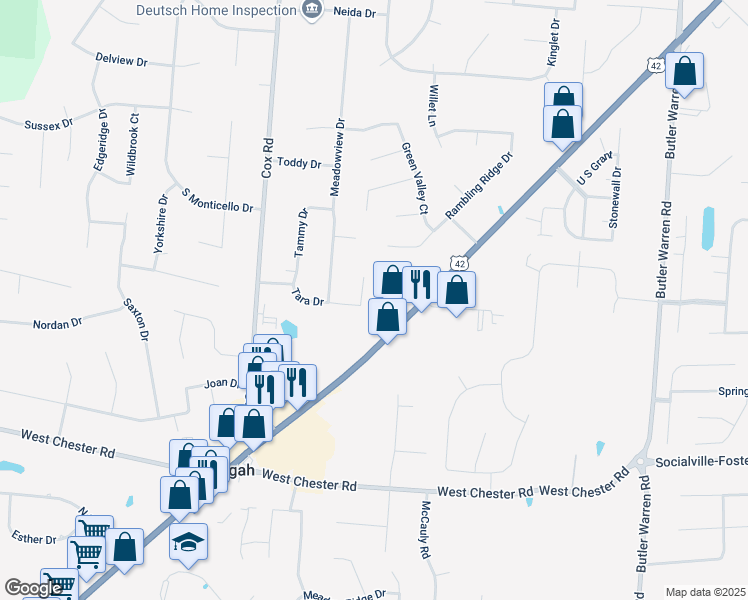 map of restaurants, bars, coffee shops, grocery stores, and more near 7961 Tara Drive in Butler County